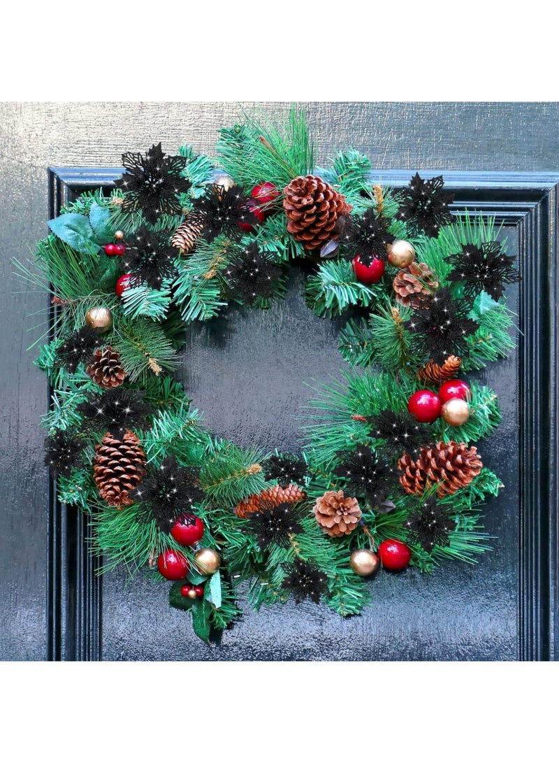 SYOSI Christmas Glitter Poinsettia Flowers 10 Pieces Glitter Christmas Tree Ornaments Artificial Poinsettia Flowers for Wedding Christmas Wreath Tree Decoration (Black) - Image 4